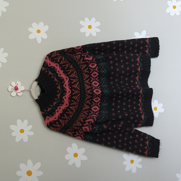 American Eagle Black Batwing Fair Isle Pink & Green Printed Wool Blend Sweater - Picture 6 of 16